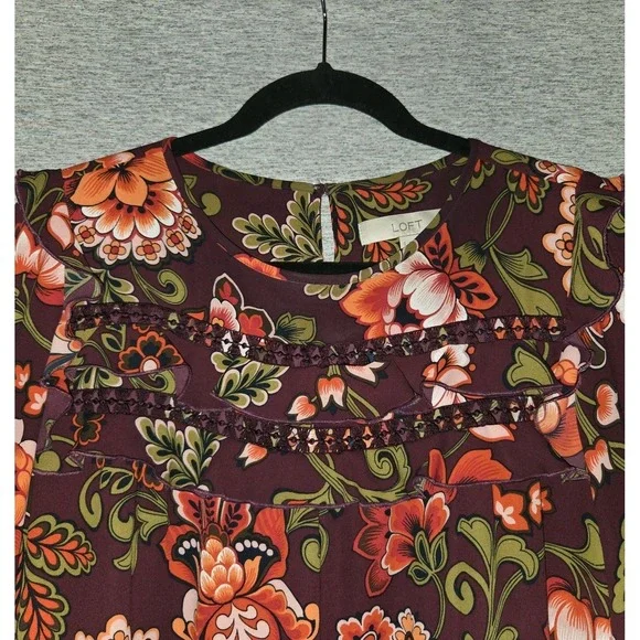 LOFT Floral Print Ruffle Blouse Womens Small Top Long Sleeve Round Neck Boho - Picture 5 of 10